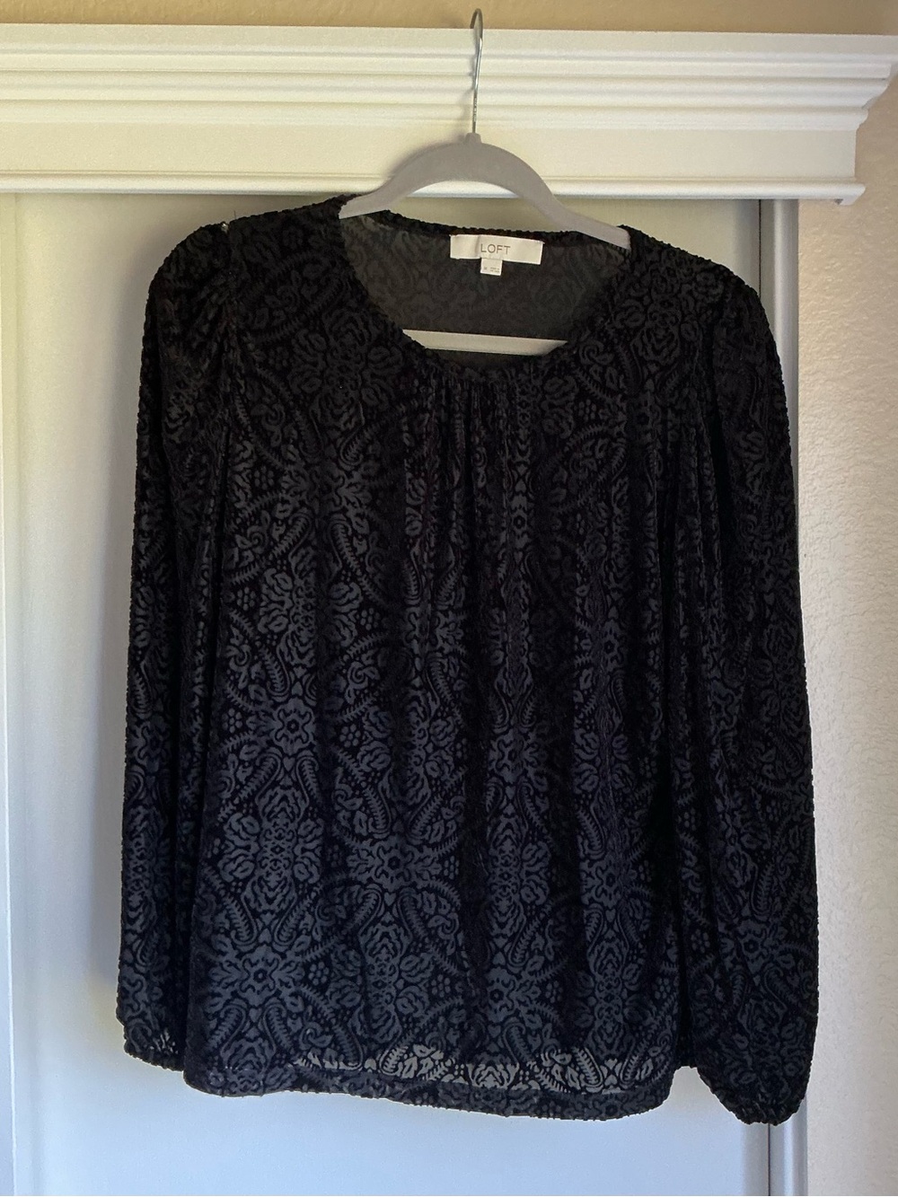 LOFT Black Burnout Velvet Peasant Blouse